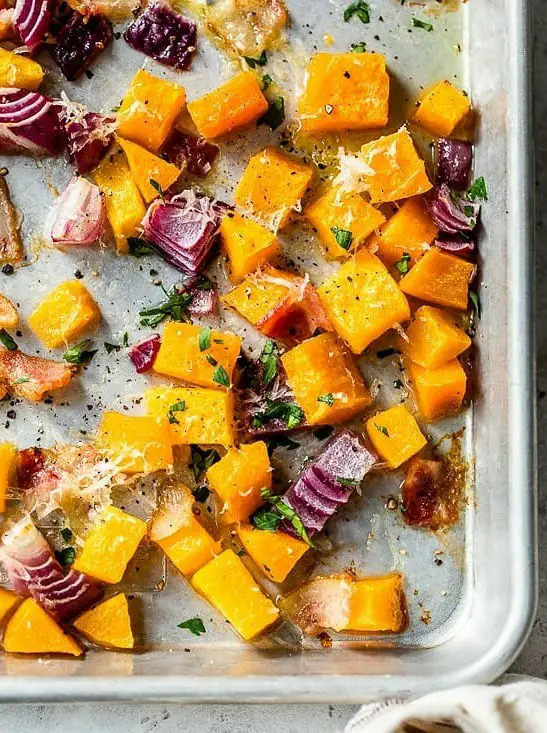 Roasted Butternut Squash with Onions, Bacon, and Parmesan