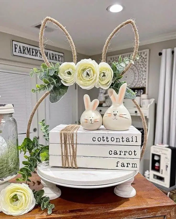 ROPE BUNNY TRAY, FLOWERS, FAUX BOOK BLOCKS