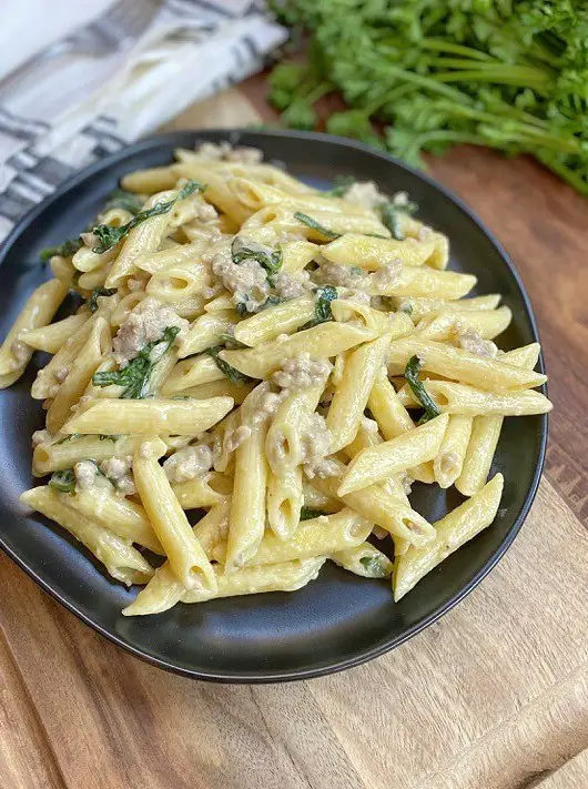 Easy Creamy Garlic Penne with Sausage & Spinach