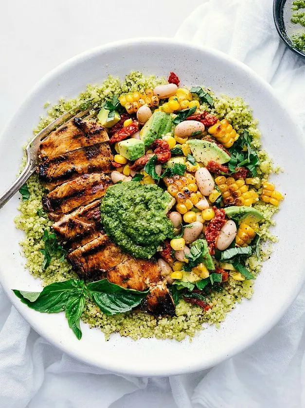 Pesto Chicken with Corn and Bean Salsa