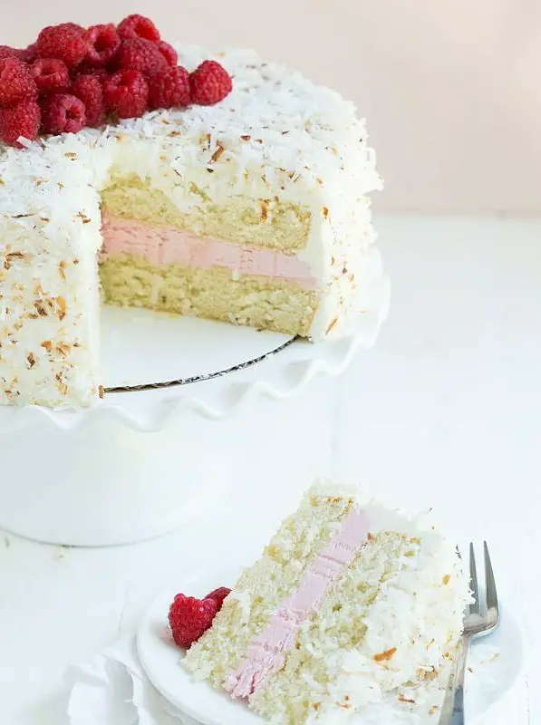 Coconut Cake with Raspberry Buttercream Filling