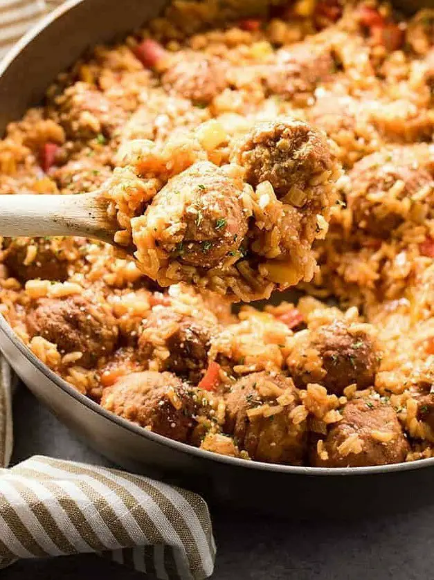 One Skillet Italian Meatballs and Rice