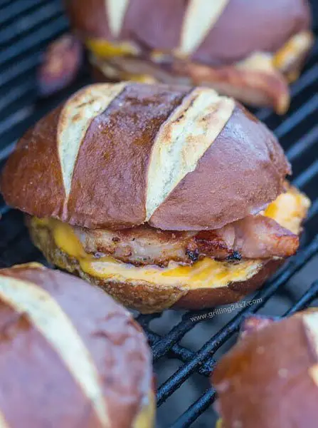 Grilled Ham Steak and Cheese on Pretzel Rolls