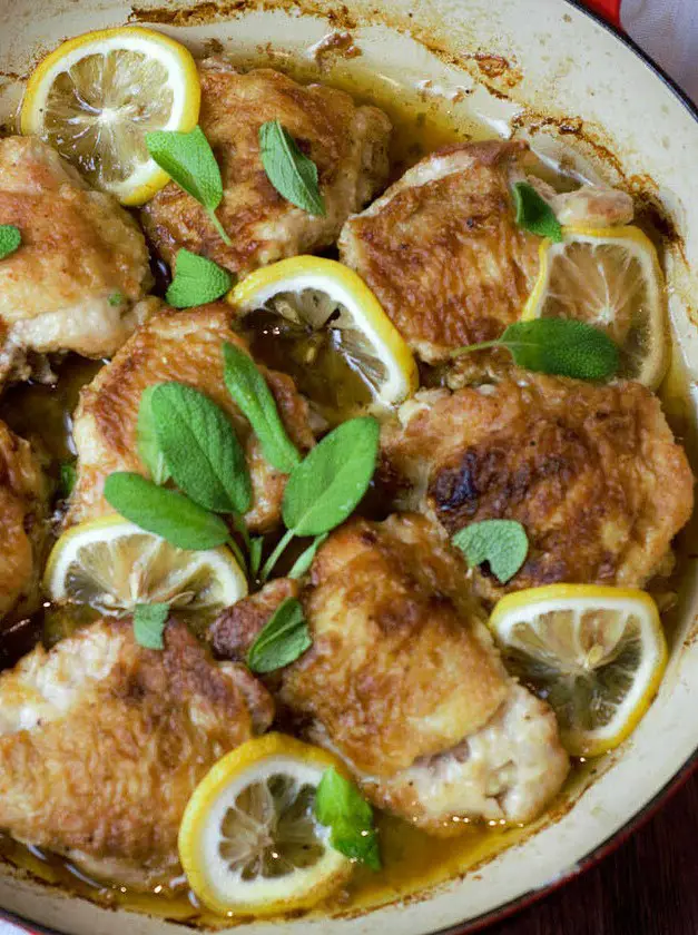 Dutch Oven Chicken Thighs with Lemon and Sage Butter Sauce