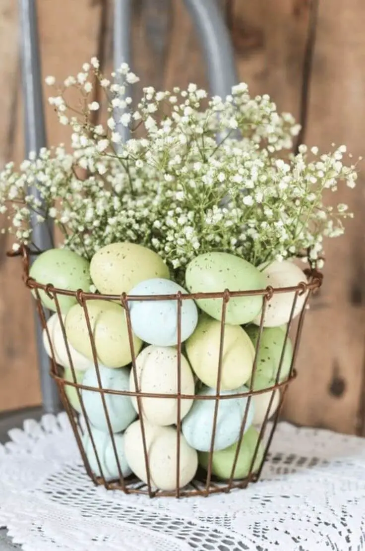 WIRE BASKET, PASTEL EGGS, BABY’S BREATH