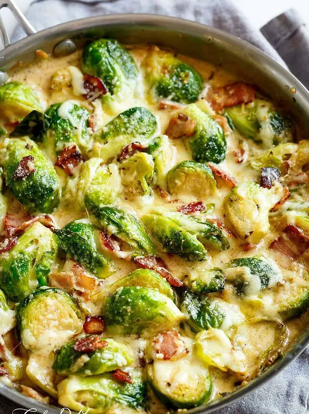 Creamy Garlic Parmesan Brussel Sprouts with Bacon