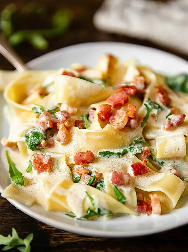 Fresh Pappardelle Carbonara with Arugula