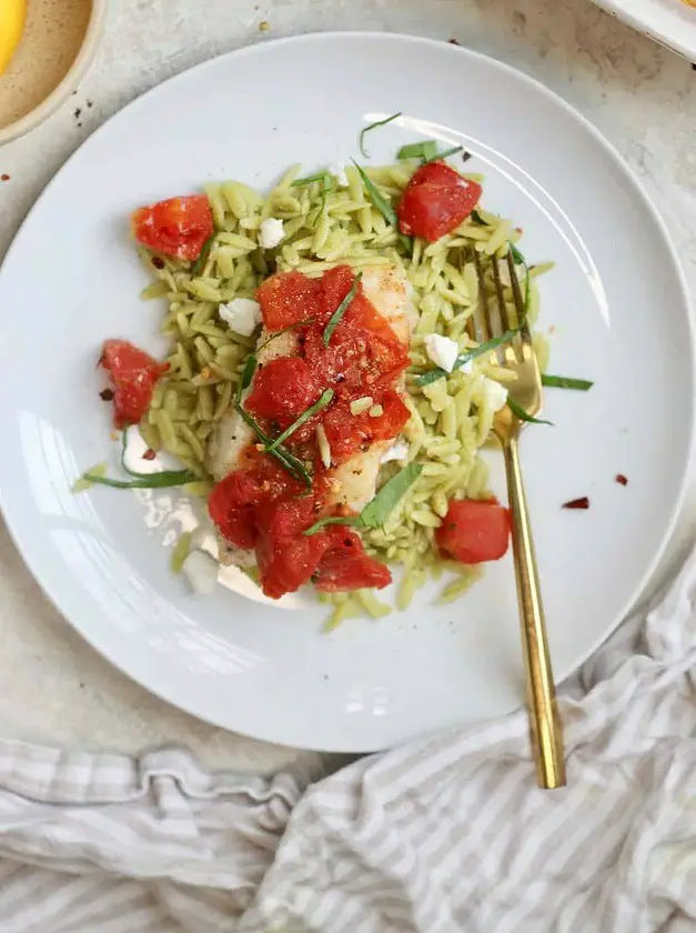 Baked Cod with Tomatoes and Pesto Orzo