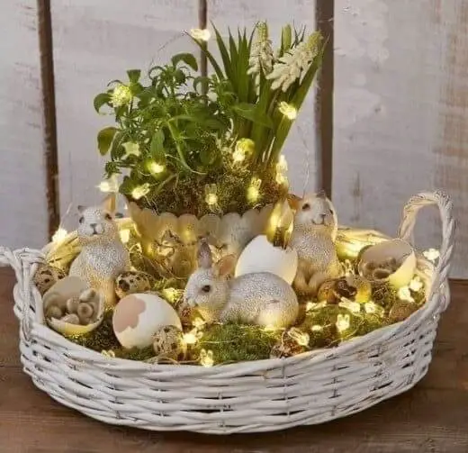 TRAY WITH BUNNIES, FAIRY LIGHTS, AND EGGSHELLS