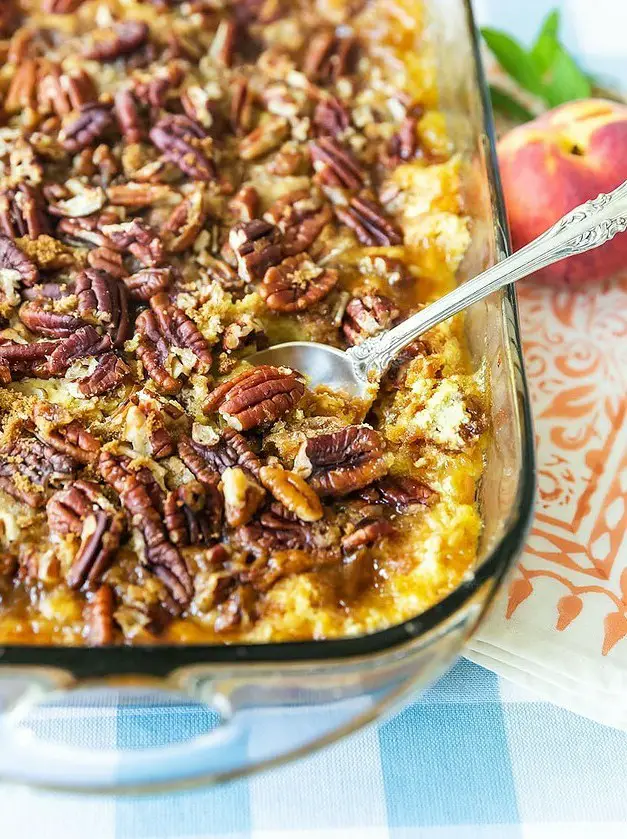 Peach Dump Cake with Pecan Topping