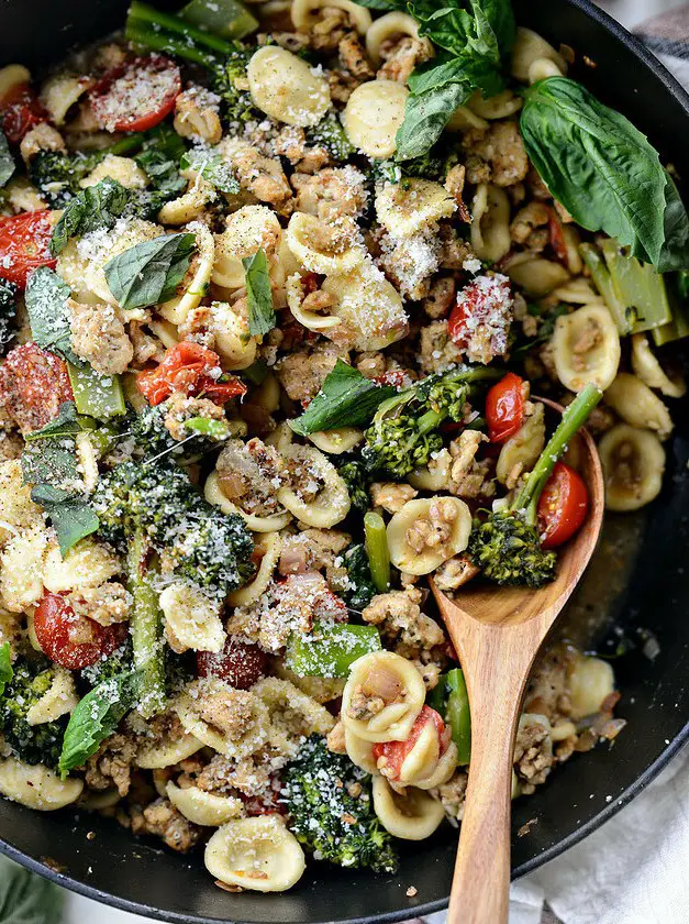 One Pan Lemony Orecchiette with Sausage and Broccolini