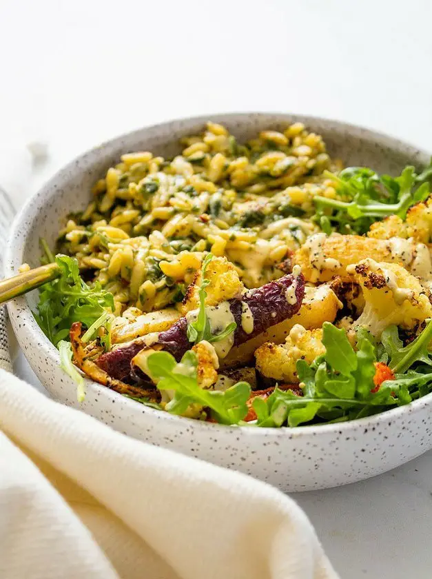 Roasted Veggies with Creamy Vegan Spinach Orzo