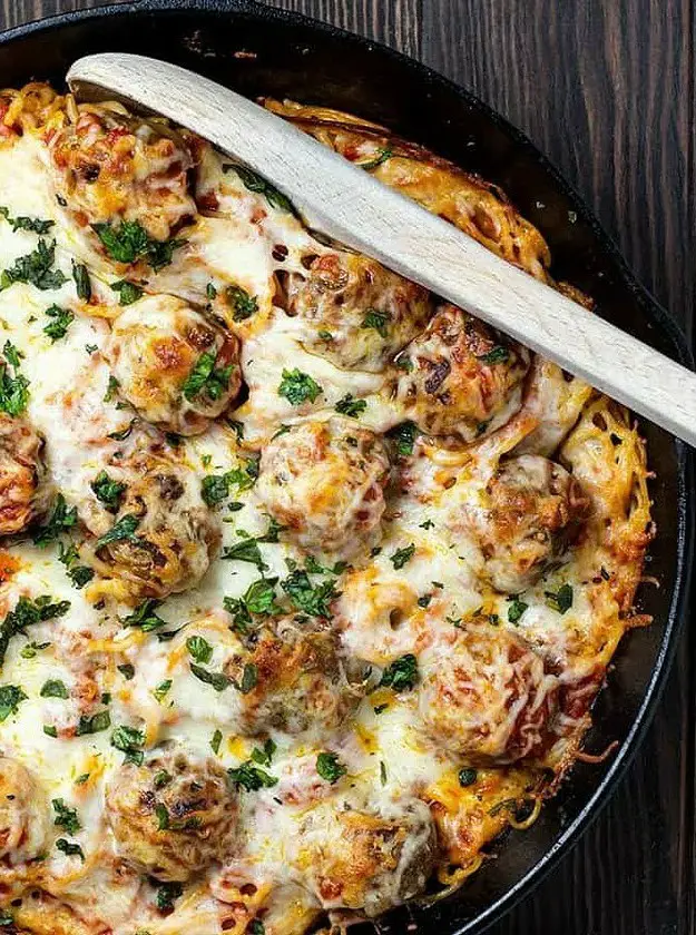 Dutch Oven No Boil Baked Spaghetti and Meatballs