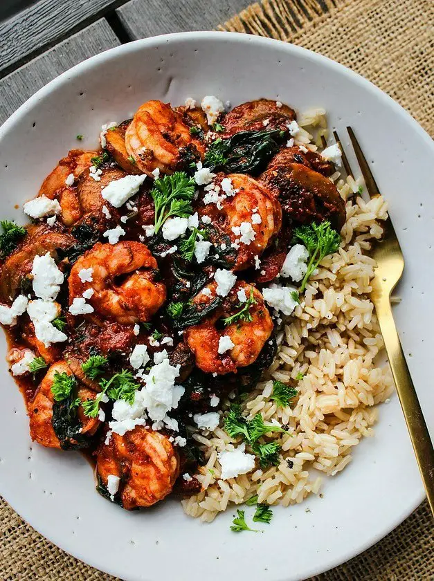 Sautéed Shrimp with Tomato Sauce, Feta & Rice