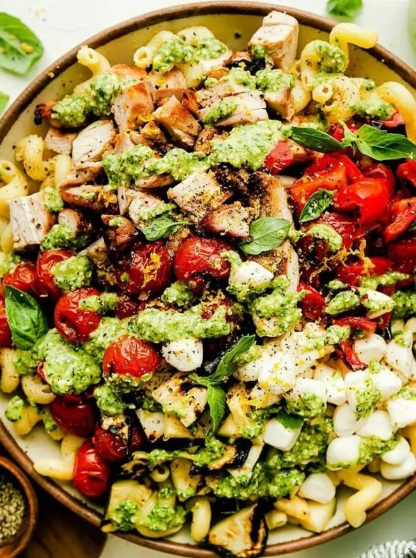 Chicken Pesto Pasta Salad with Grilled Veggies