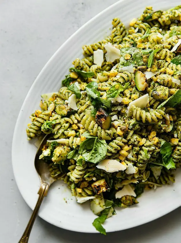 Pistachio Pesto Pasta with Grilled Corn and Zucchini