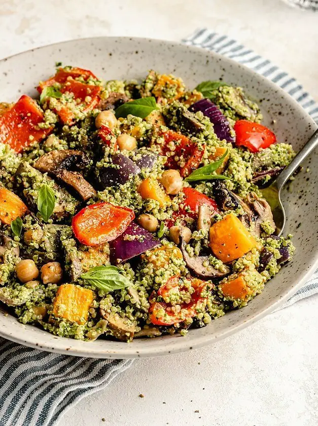 Roasted Veggie, Chickpea & Pesto Quinoa Salad