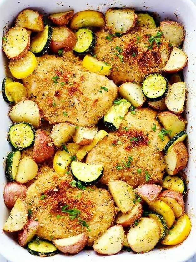 One Pan Crispy Parmesan Garlic Chicken with Vegetables