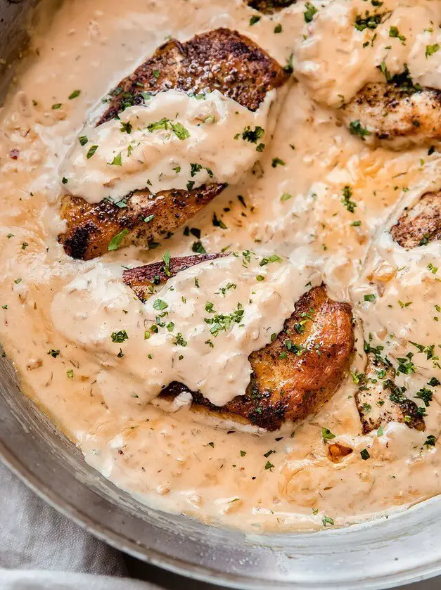 Skillet Chicken in Balsamic Caramelized Onion Cream Sauce