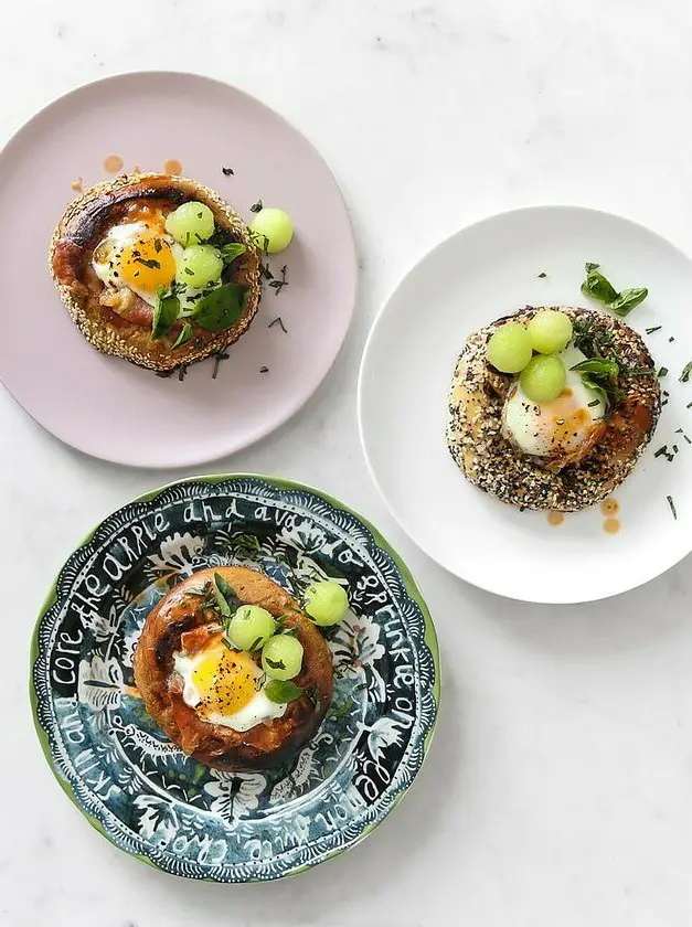 Sheet Pan Egg in a Hole Bagels with Prosciutto & Melon