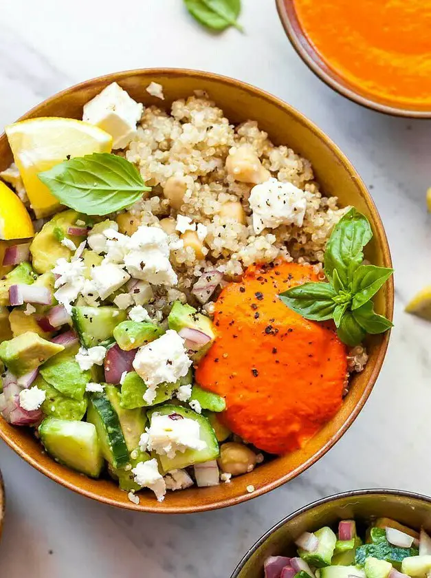 Mediterranean Power Bowls with Red Pepper Sauce