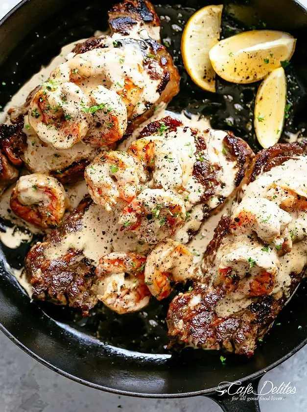 Steak with Creamy Garlic Shrimp