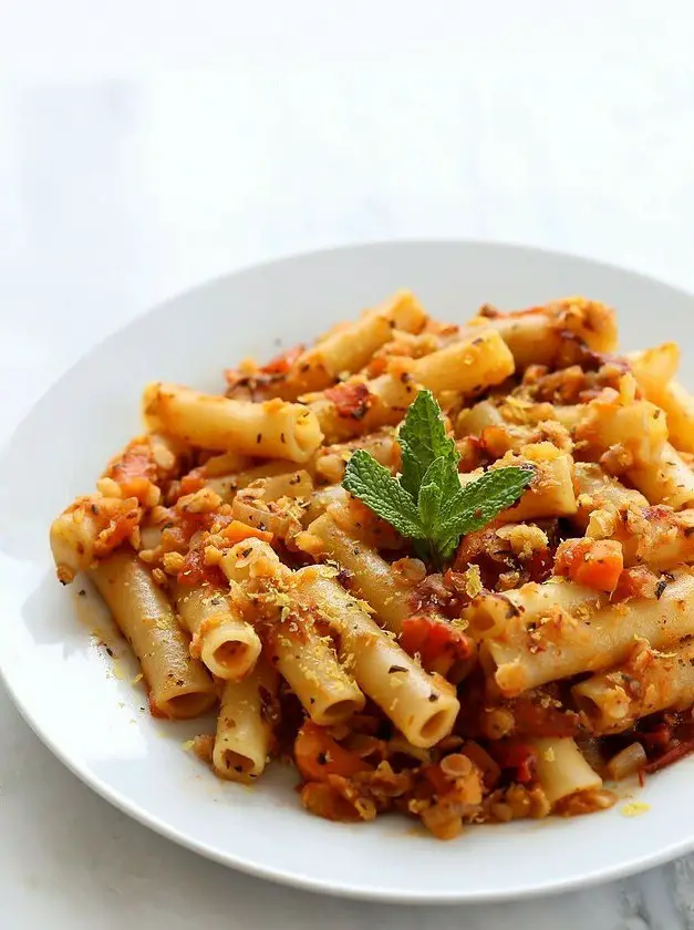 Ziti with Chipotle Lentil Tomato Sauce