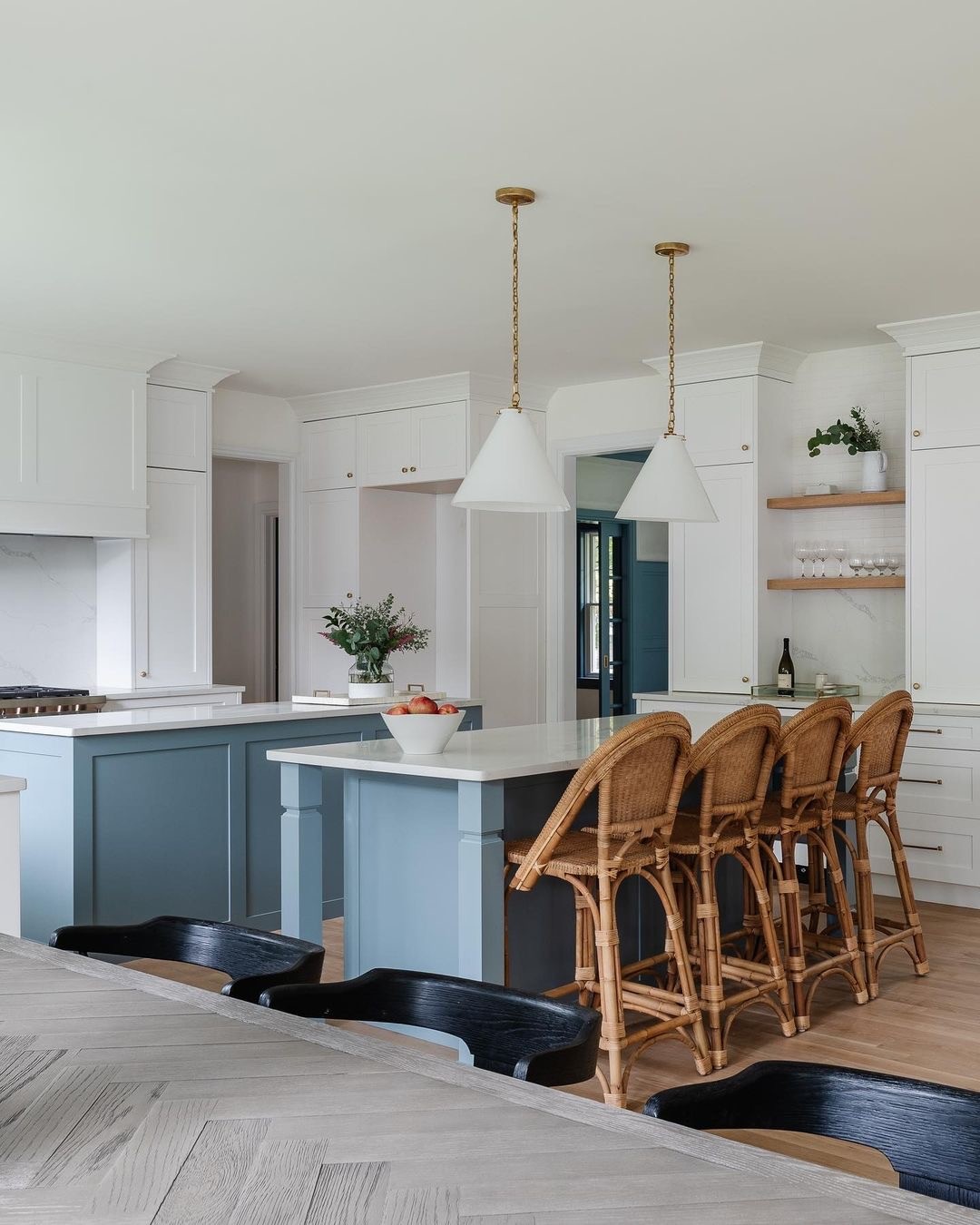 AFTER: LIGHT BLUE CABINETS WITH ADDED WALL SHELVES