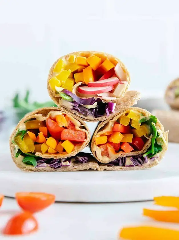 Vegan Raw Rainbow Veggie Hummus Wraps