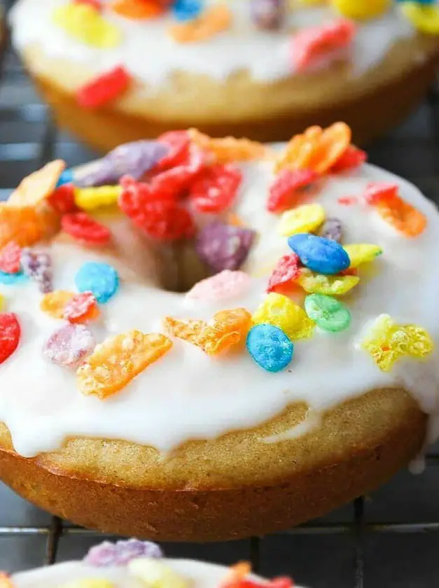 Vanilla Protein Donuts with Fruity Pebble Topping