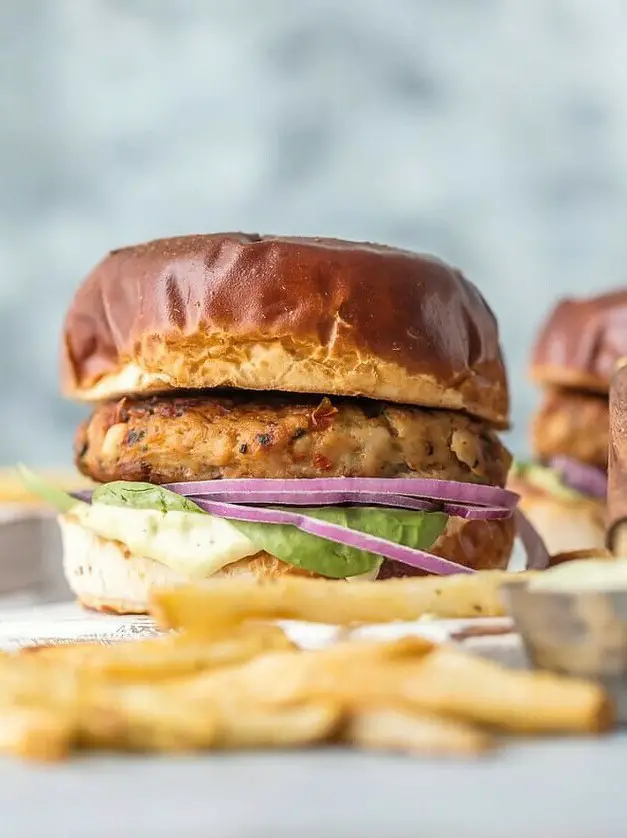 Feta and Sun-Dried Tomato Chicken Burgers with Pesto Mayo