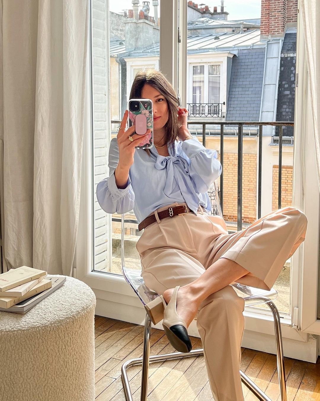 TIE FRONT BLOUSE + BEIGE TROUSERS