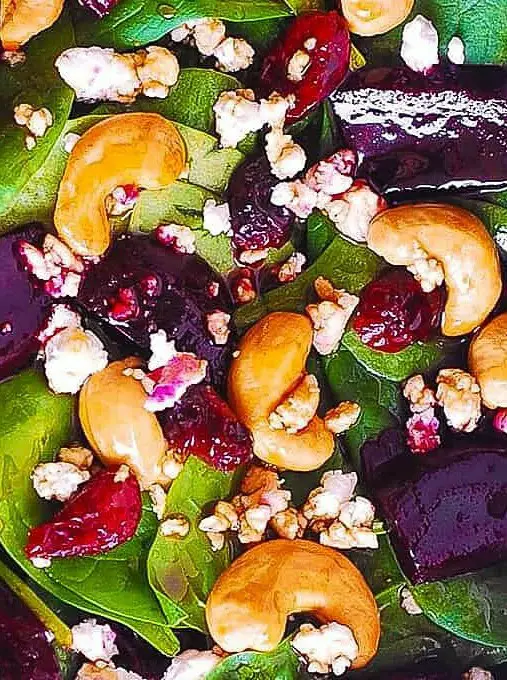 Beet Salad with Spinach, Cashews, and Goat Cheese