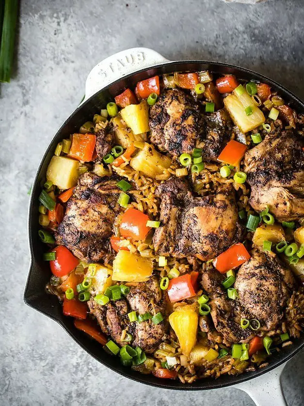 One Pan Caribbean Jerk Chicken with Pineapple-Coconut Rice