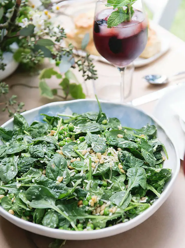 Spinach Salad with Pesto and Peas