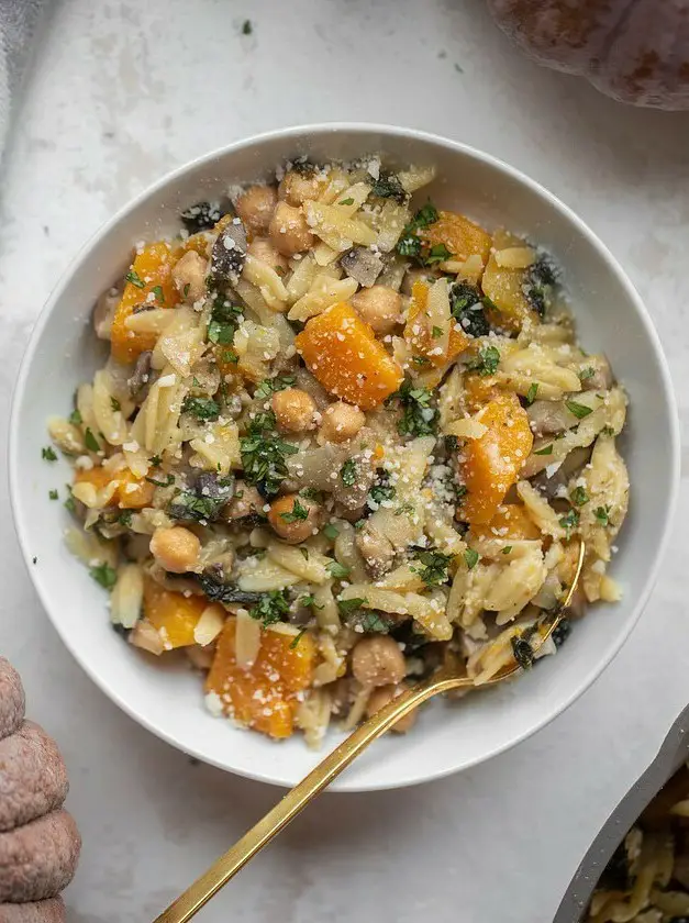 One Pot Fall Vegetable Orzo and Chickpeas