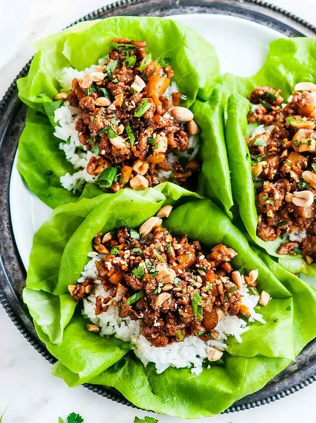 Peanut Chicken Lettuce Wraps with Cilantro Lime Rice