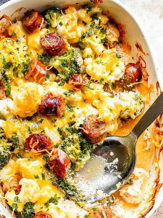 Cheesy Broccoli, Sausage, and Cauliflower Casserole