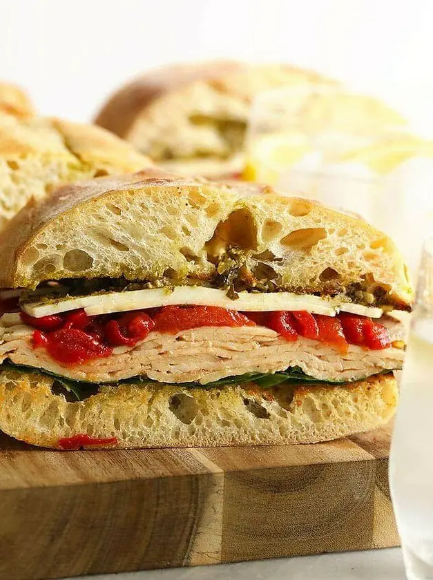 Grilled Roasted Red Pepper, Pesto, and Turkey Sandwiches