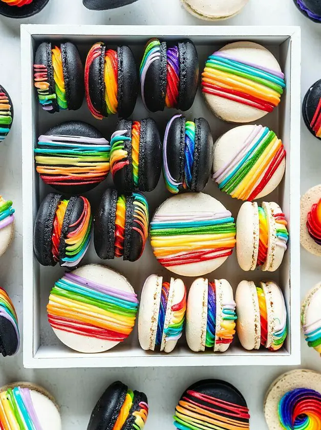 Black and White Macarons with Rainbow Drizzle