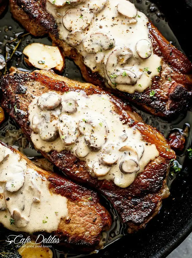 Pan Seared Garlic Butter Steak & Mushroom Cream Sauce