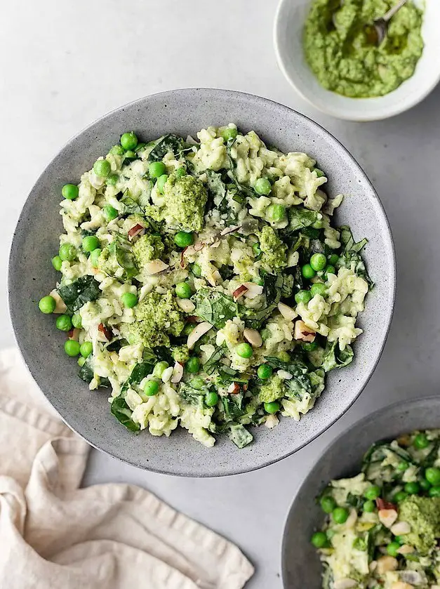 Vegan Spring Greens, Leek, Pea and Pesto Risotto