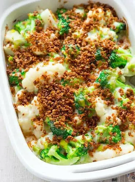 Broccoli and Cauliflower Casserole with Cheddar Leek Sauce