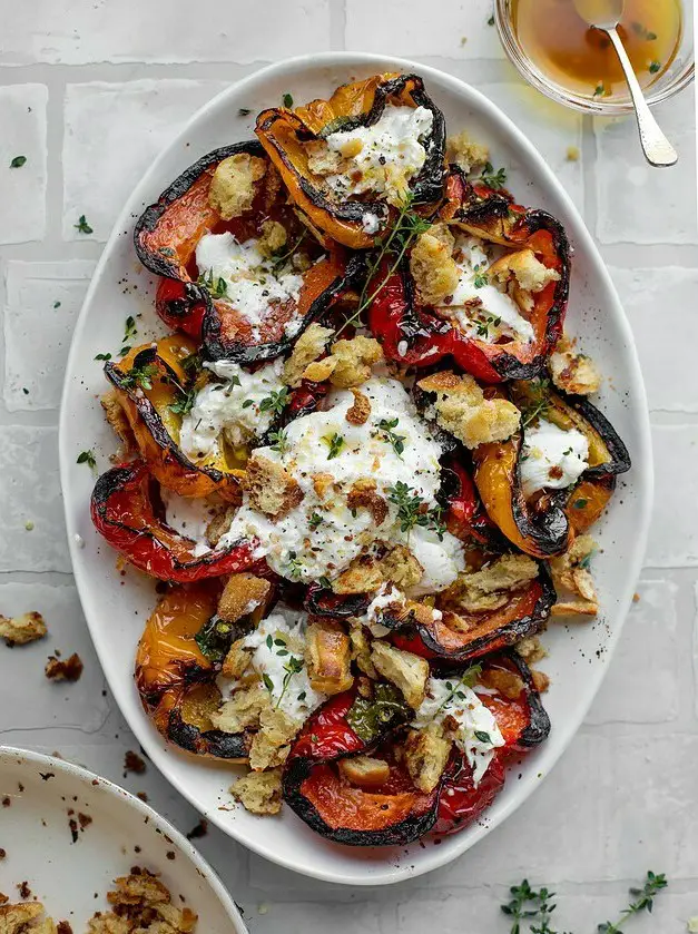 Grilled Marinated Peppers with Burrata and Breadcrumbs