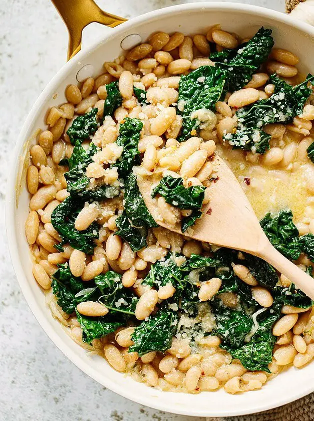 Creamy Skillet White Beans with Greens and Parmesan