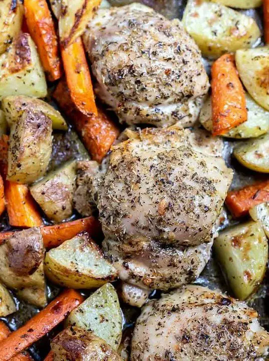 Baked Boneless Chicken Thighs Potatoes + Carrots