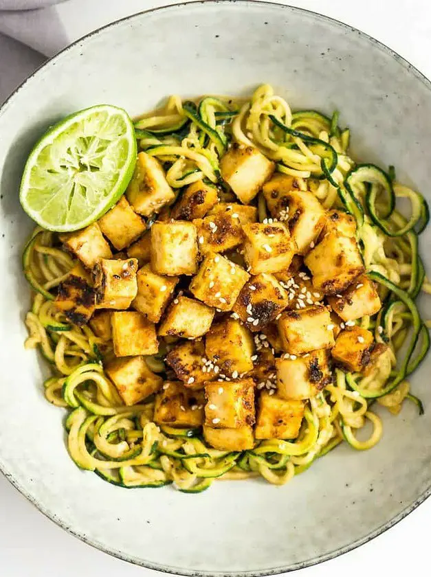 Crispy Tofu and Zoodles with Peanut Sauce