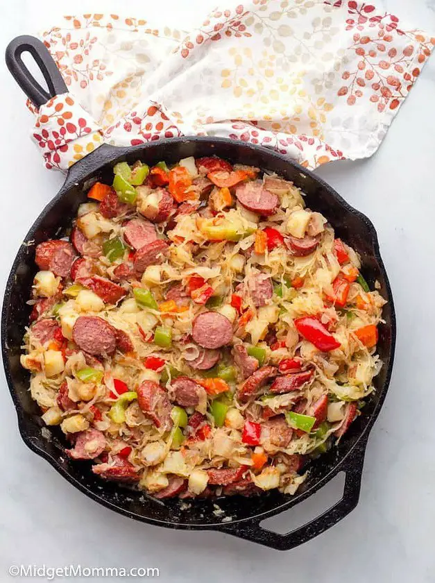 Kielbasa Sauerkraut and Potato Skillet