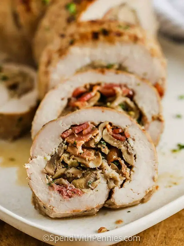 Mushroom Bacon Stuffed Pork Tenderloin