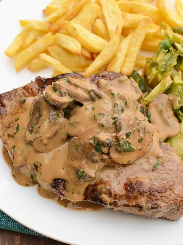 Steak with Creamy Mushroom Peppercorn Sauce